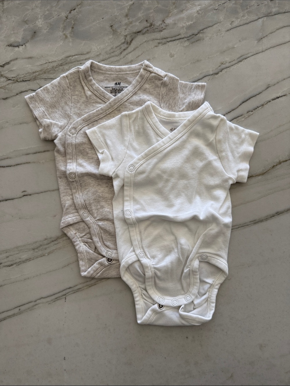 H&M Newborn Short-Sleeve Wrap One-Piece Bodysuits in White and Heather Beige